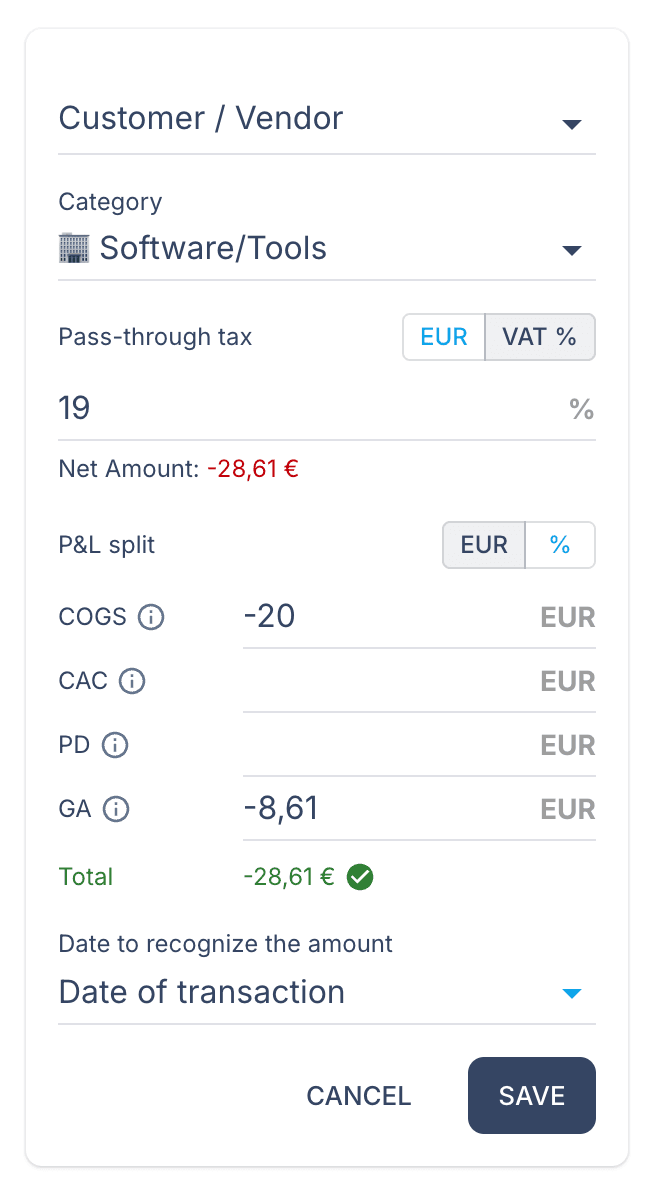 Split transactions by percentage